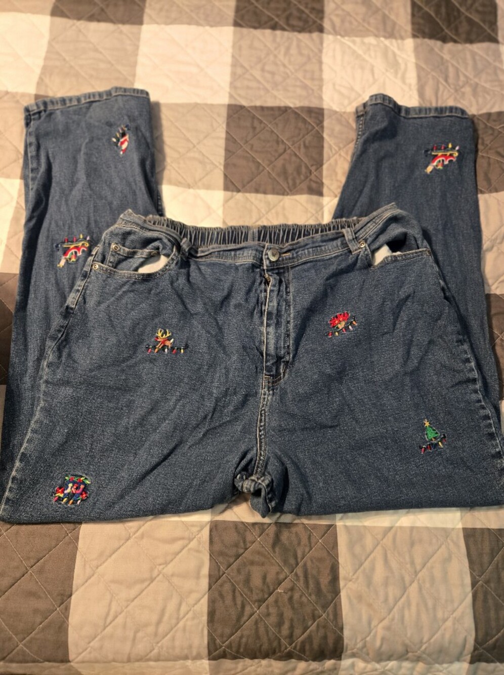 Quacker Factory Embroidered Denim Jeans, Christmas, with Pink Logo Tag, XL